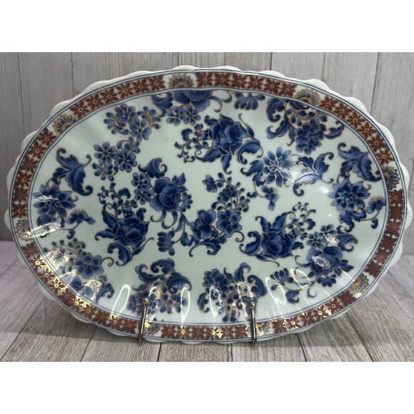 Vtg Chinese Decor Plate Oval Porcelain Blue Floral Design Gold Accents 10" x 7" - Picture 1 of 7